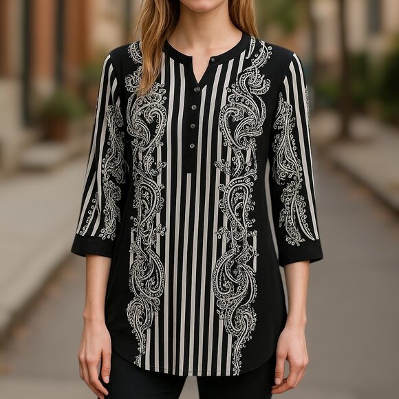 2 for/ $40 Nygard Half Button Up Black Paisley Striped Tunic Size Small - Picture 4 of 16